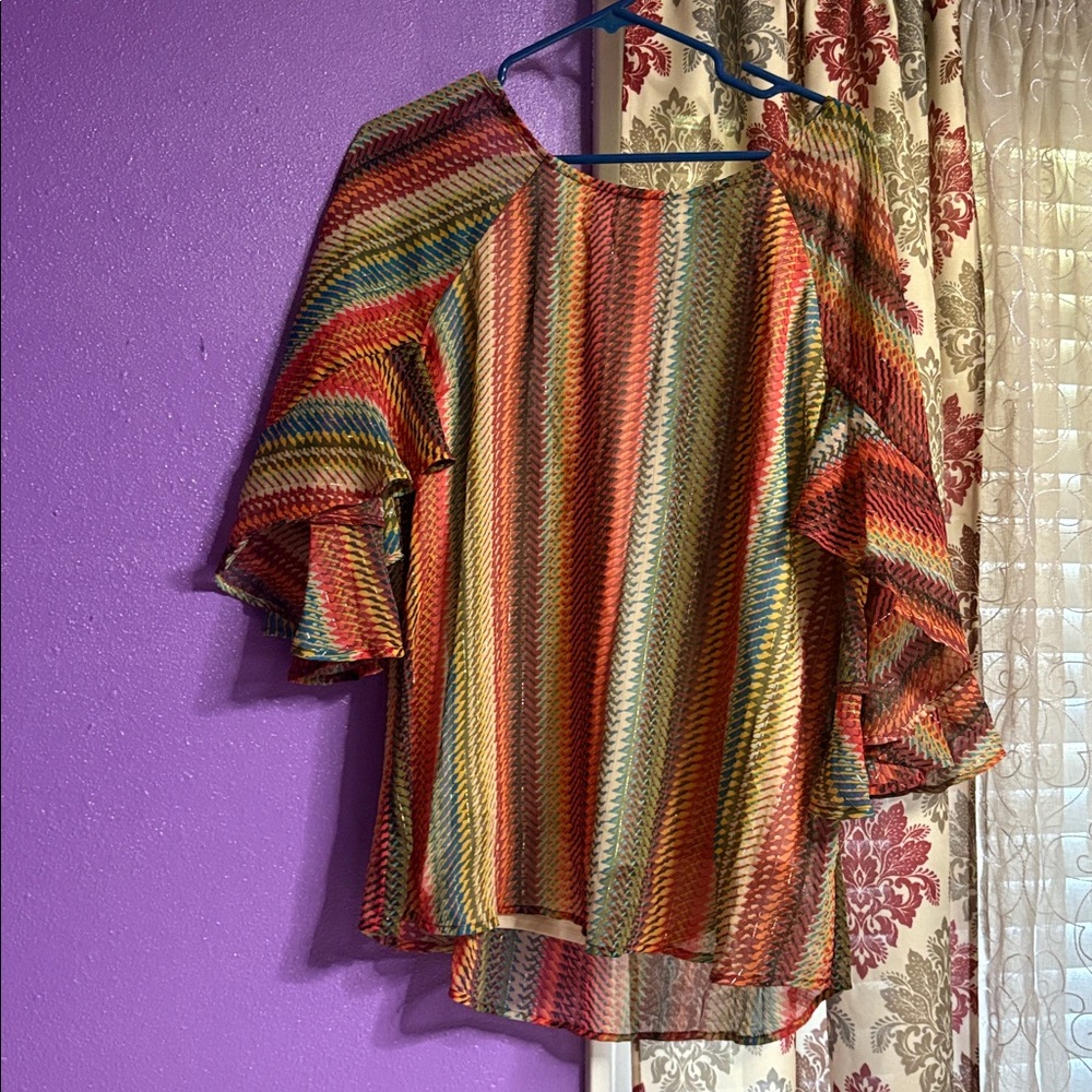 Colorful Striped Blouse with Flared Sleeves